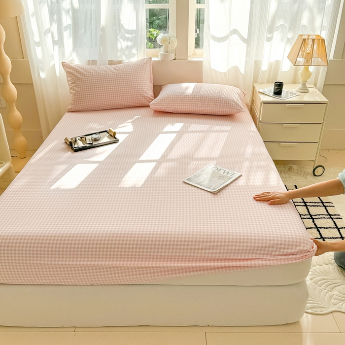 91家纺网 家纺一手货源 找家纺 丽美人家纺 2025新款全棉纯棉磨毛单床笠 床笠单件 迷你粉格