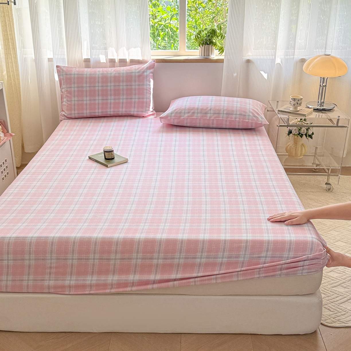 91家纺网 家纺一手货源 找家纺 丽美人家纺 2025新款全棉纯棉磨毛单床笠 床笠单件 温馨粉格