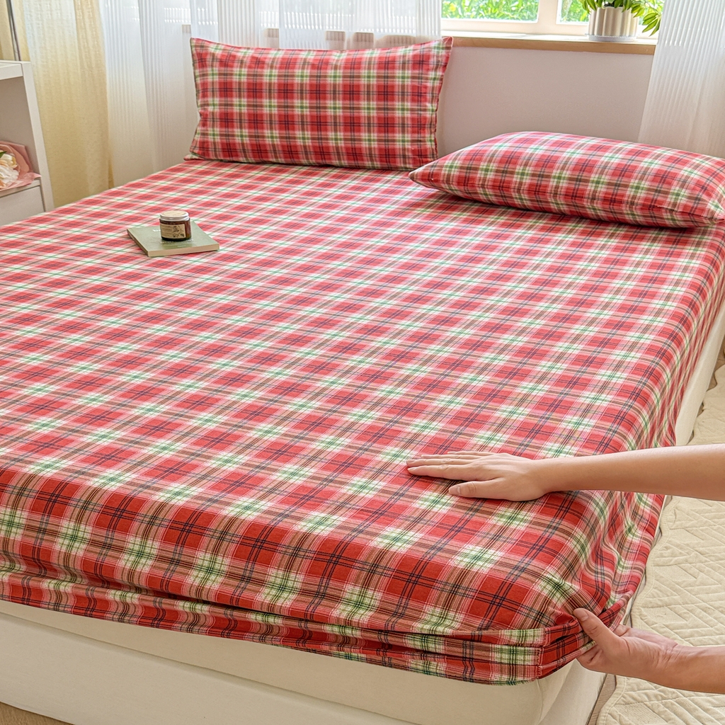 91家纺网 家纺一手货源 找家纺 丽美人家纺 2025新款全棉纯棉磨毛单床笠 床笠单件 红纹格