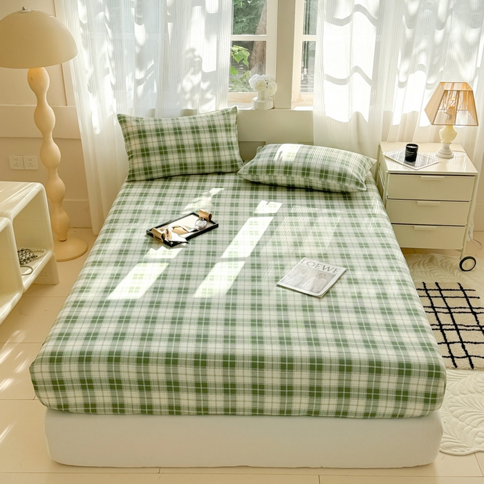 91家纺网 家纺一手货源 找家纺 丽美人家纺 2025新款全棉纯棉磨毛单床笠 床笠单件 旋律绿格