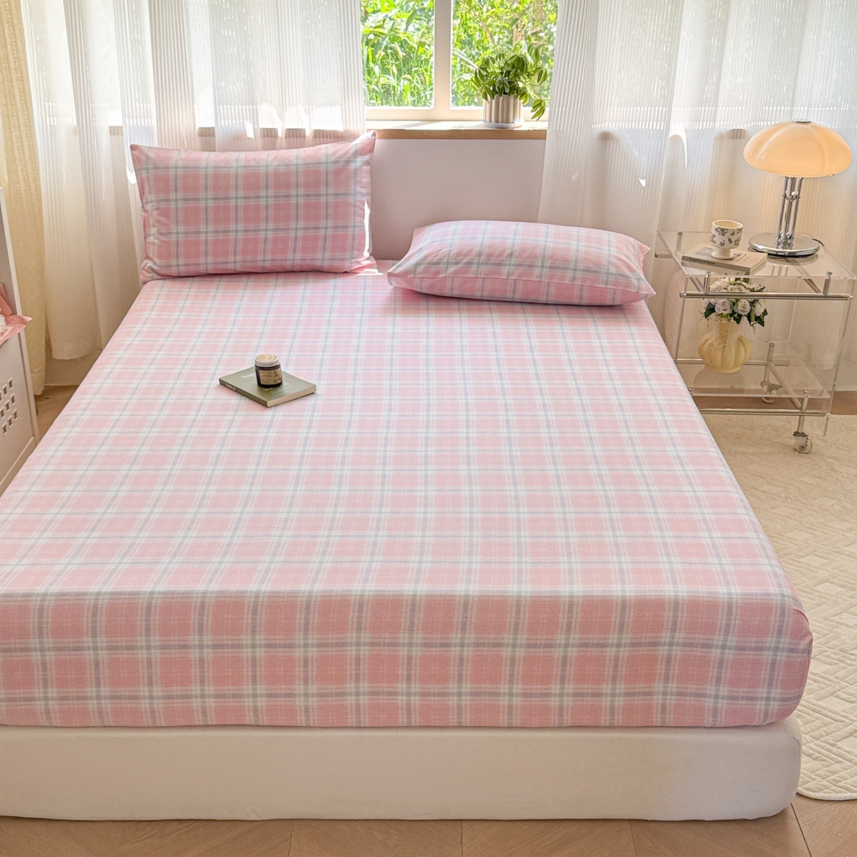 91家纺网 家纺一手货源 找家纺 丽美人家纺 2025新款全棉纯棉磨毛单床笠 床笠单件 温馨粉格