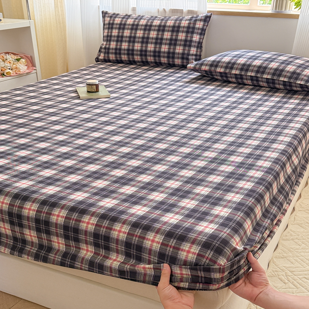 91家纺网 家纺一手货源 找家纺 丽美人家纺 2025新款全棉纯棉磨毛单床笠 床笠单件 黑纹格