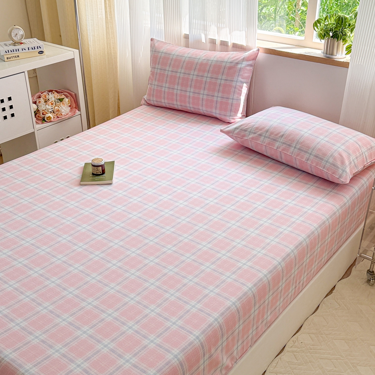 91家纺网 家纺一手货源 找家纺 丽美人家纺 2025新款全棉纯棉磨毛单床笠 床笠单件 温馨粉格