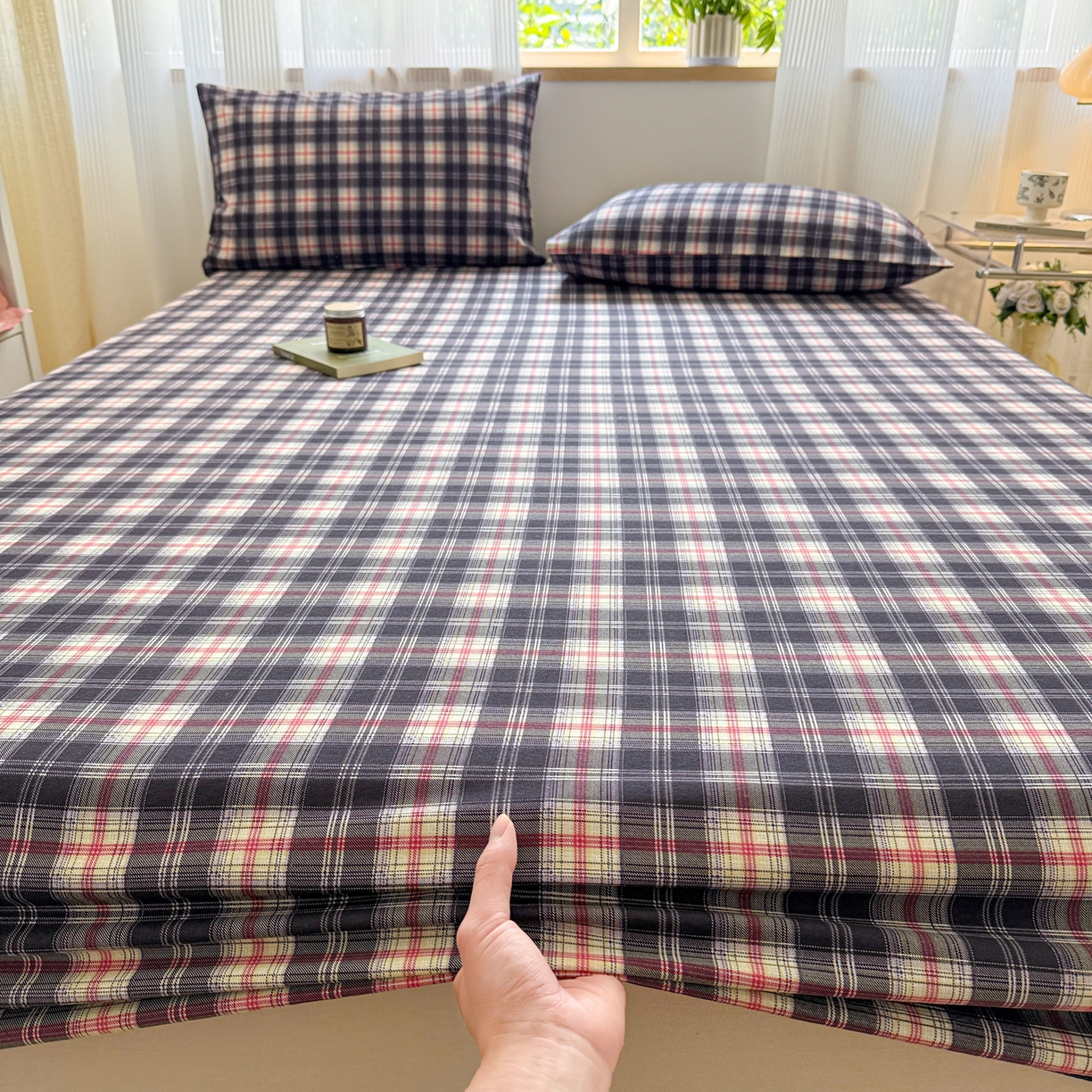 91家纺网 家纺一手货源 找家纺 丽美人家纺 2025新款全棉纯棉磨毛单床笠 床笠单件 黑纹格