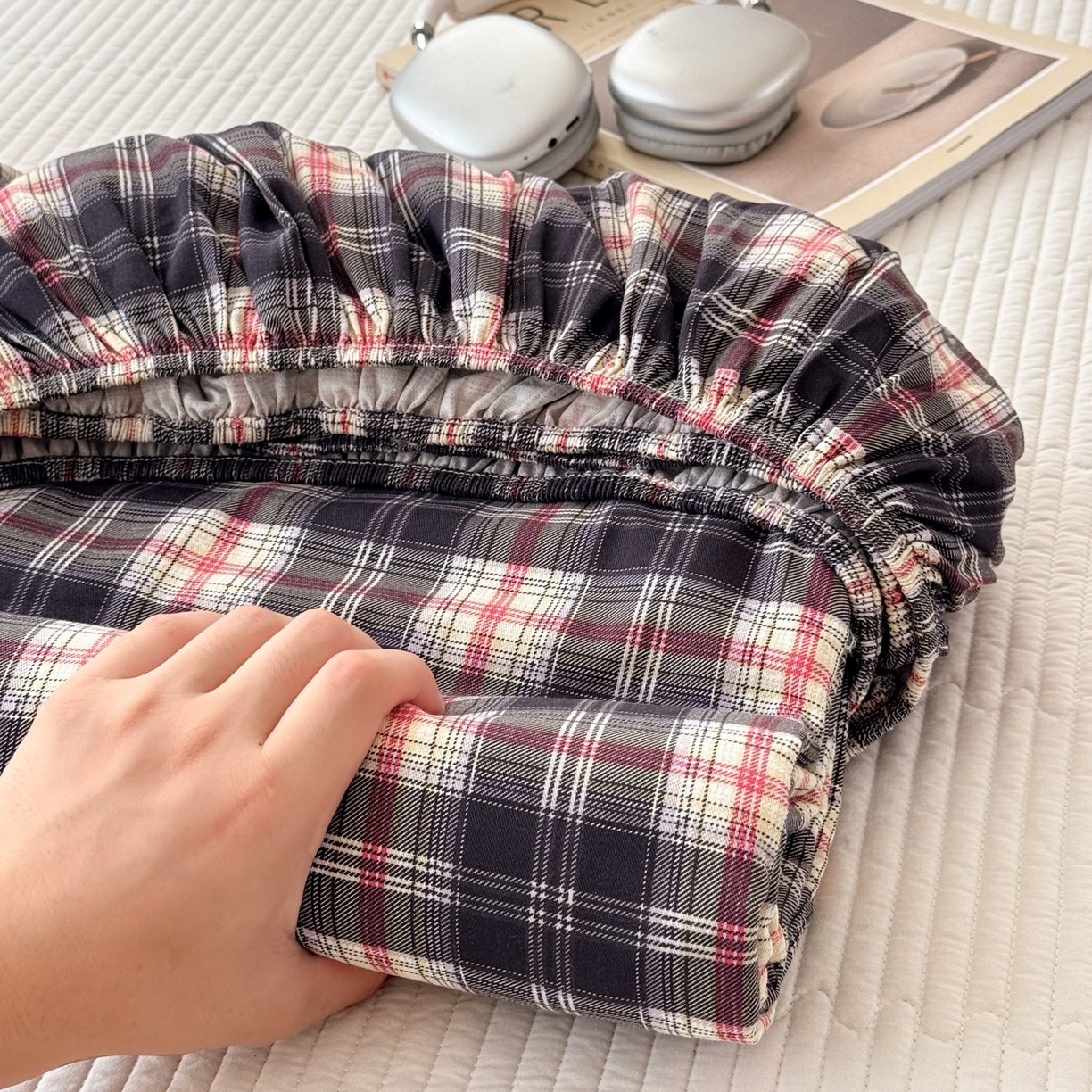 91家纺网 家纺一手货源 找家纺 丽美人家纺 2025新款全棉纯棉磨毛单床笠 床笠单件 黑纹格