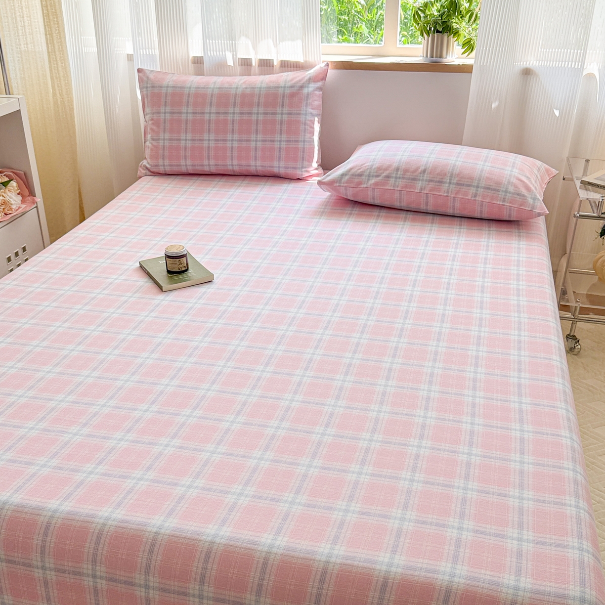 91家纺网 家纺一手货源 找家纺 丽美人家纺 2025新款全棉纯棉磨毛单床笠 床笠单件 温馨粉格