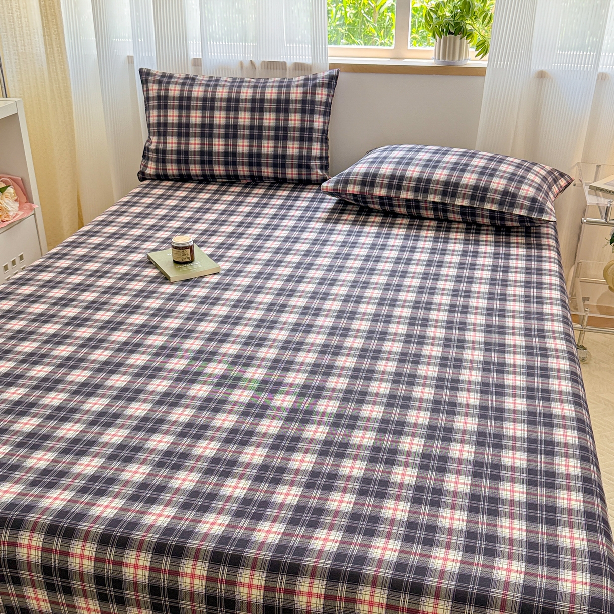 91家纺网 家纺一手货源 找家纺 丽美人家纺 2025新款全棉纯棉磨毛单床笠 床笠单件 黑纹格