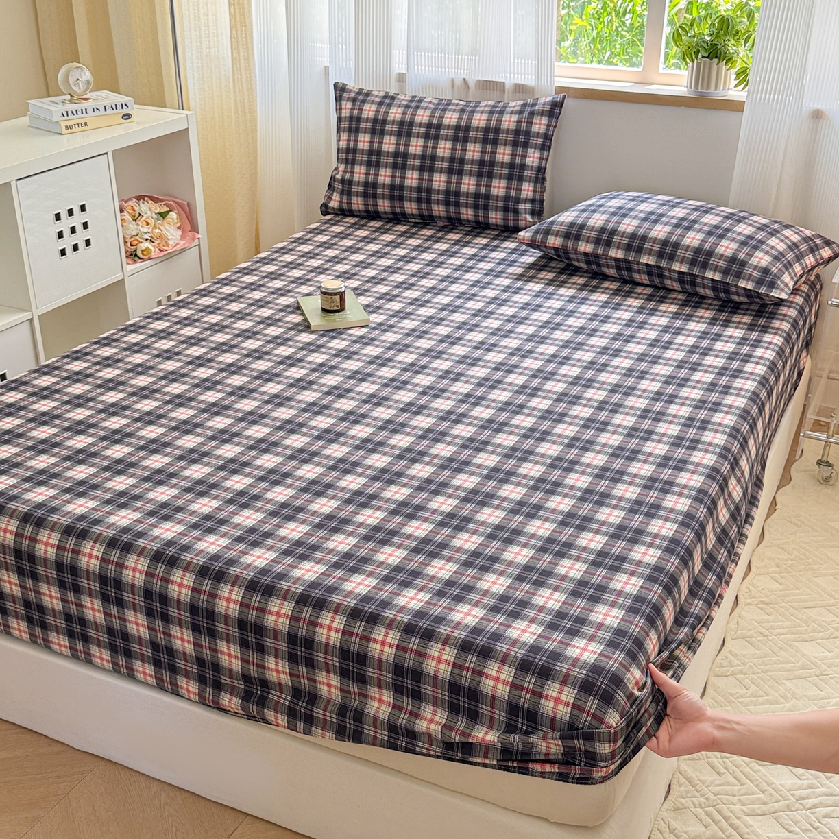 91家纺网 家纺一手货源 找家纺 丽美人家纺 2025新款全棉纯棉磨毛单床笠 床笠单件 黑纹格