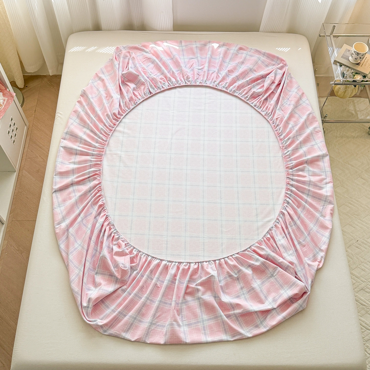 91家纺网 家纺一手货源 找家纺 丽美人家纺 2025新款全棉纯棉磨毛单床笠 床笠单件 温馨粉格