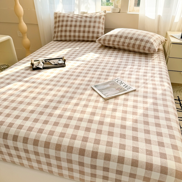 91家纺网 家纺一手货源 找家纺 丽美人家纺 2025新款全棉纯棉磨毛单床笠 床笠单件 浅咖中格