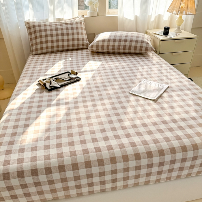 91家纺网 家纺一手货源 找家纺 丽美人家纺 2025新款全棉纯棉磨毛单床笠 床笠单件 浅咖中格