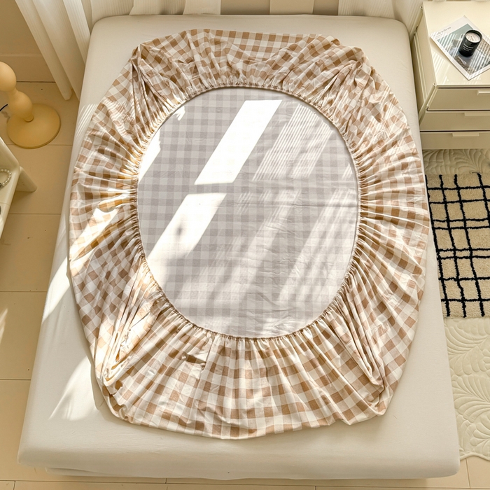 91家纺网 家纺一手货源 找家纺 丽美人家纺 2025新款全棉纯棉磨毛单床笠 床笠单件 浅咖中格