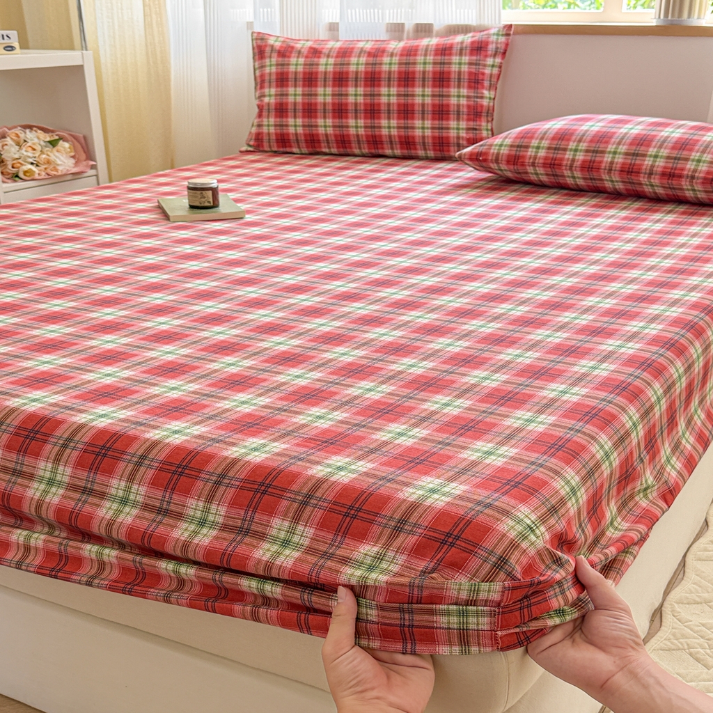 91家纺网 家纺一手货源 找家纺 丽美人家纺 2025新款全棉纯棉磨毛单床笠 床笠单件 红纹格