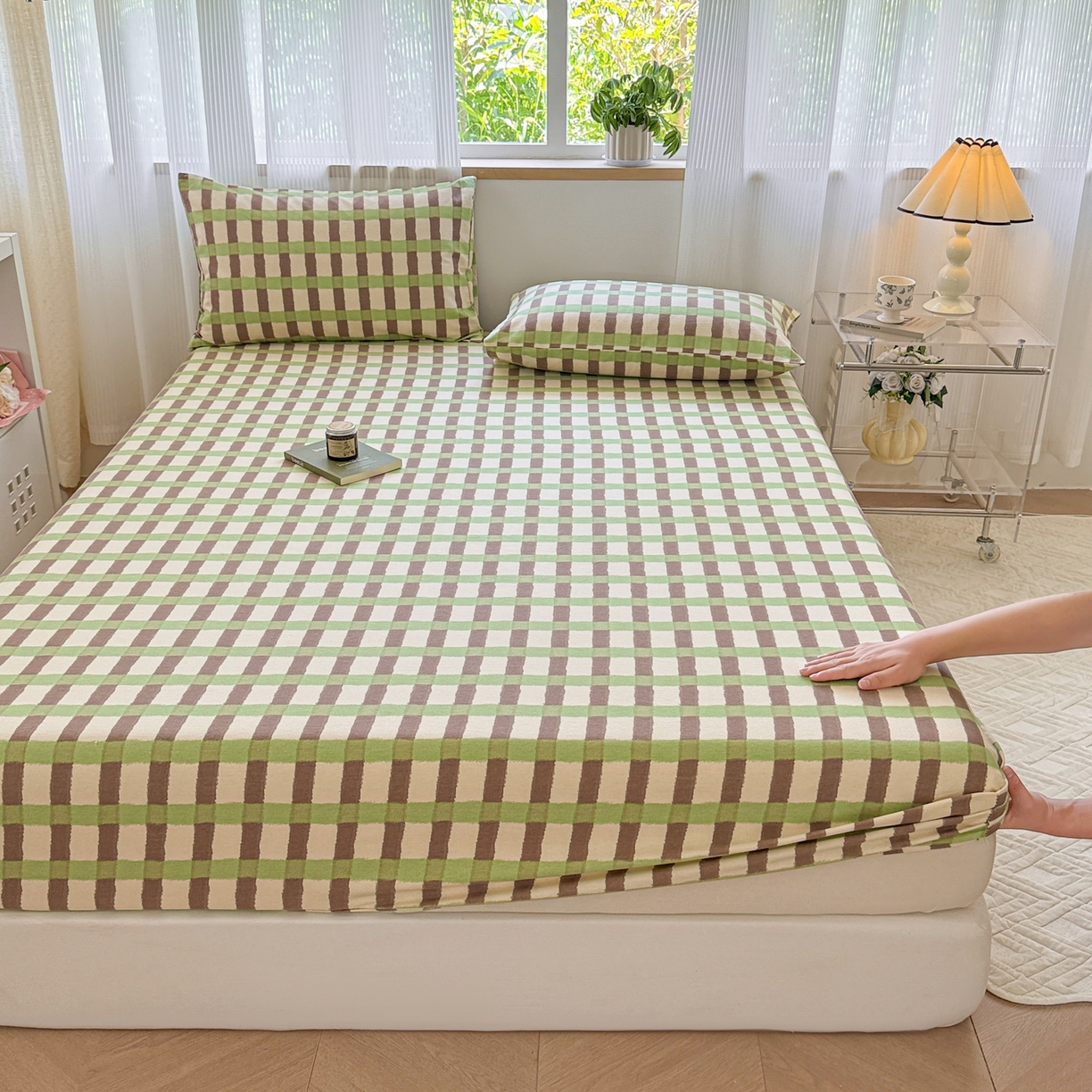 91家纺网 家纺一手货源 找家纺 丽美人家纺 2025新款全棉纯棉磨毛单床笠 床笠单件 方格绿