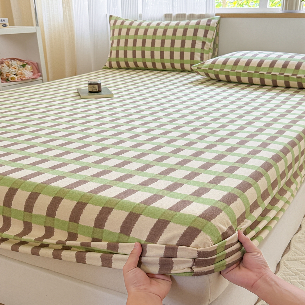 91家纺网 家纺一手货源 找家纺 丽美人家纺 2025新款全棉纯棉磨毛单床笠 床笠单件 方格绿