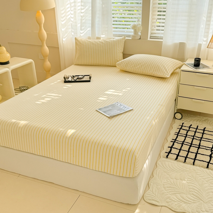 91家纺网 家纺一手货源 找家纺 丽美人家纺 2025新款全棉纯棉磨毛单床笠 床笠单件 简单黄条