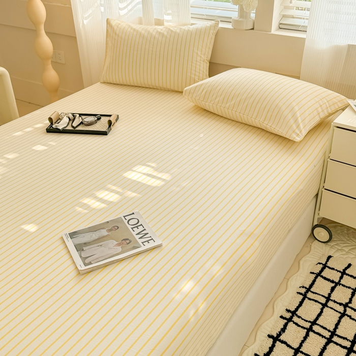 91家纺网 家纺一手货源 找家纺 丽美人家纺 2025新款全棉纯棉磨毛单床笠 床笠单件 简单黄条