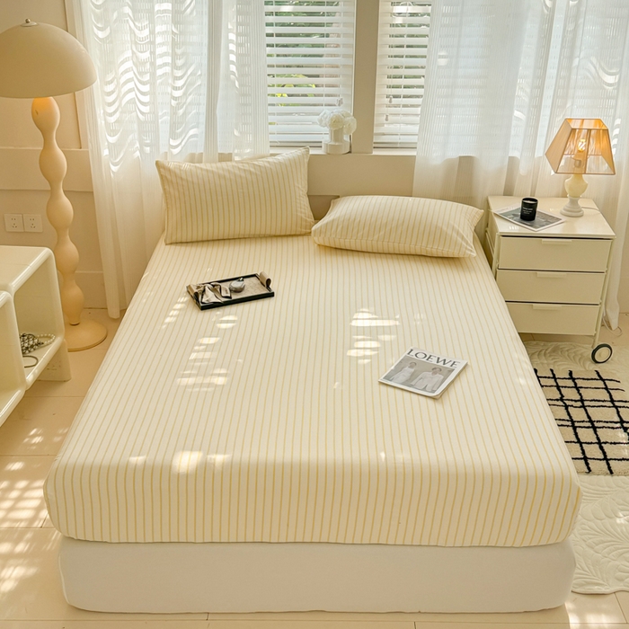 91家纺网 家纺一手货源 找家纺 丽美人家纺 2025新款全棉纯棉磨毛单床笠 床笠单件 简单黄条