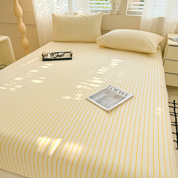 91家纺网 家纺一手货源 找家纺 丽美人家纺 2025新款全棉纯棉磨毛单床笠 床笠单件 简单黄条