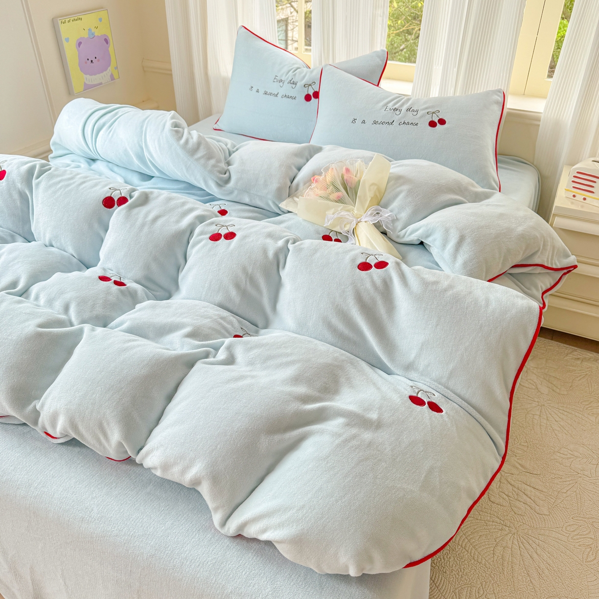 KA家纺 2025新款绣花嵌绳牛奶绒四件套-元气满满系列 元气满满蓝