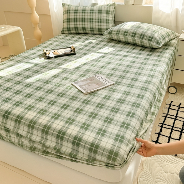 91家纺网 家纺一手货源 找家纺 丽美人家纺 2025新款全棉纯棉磨毛单床笠 床笠单件 旋律绿格