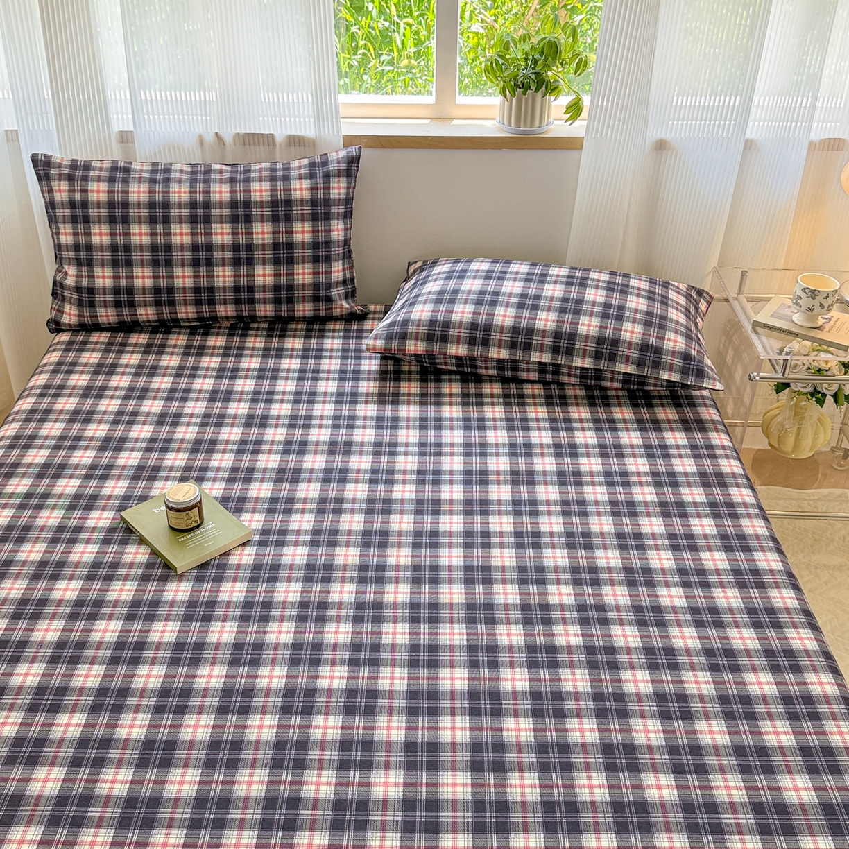 91家纺网 家纺一手货源 找家纺 丽美人家纺 2025新款全棉纯棉磨毛单床笠 床笠单件 黑纹格