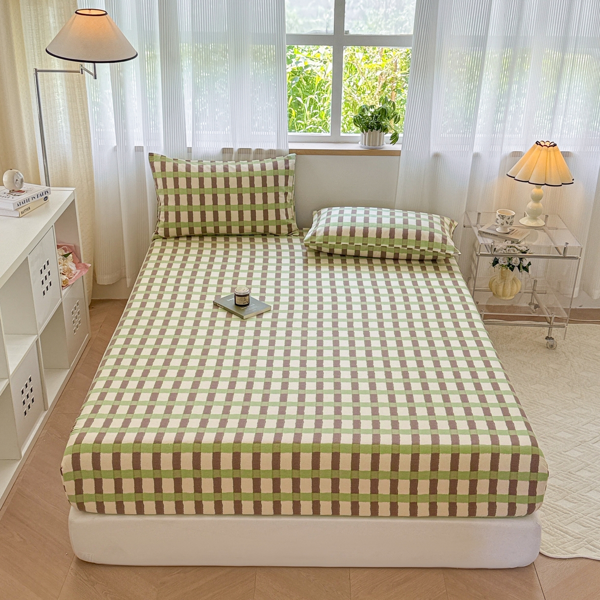 91家纺网 家纺一手货源 找家纺 丽美人家纺 2025新款全棉纯棉磨毛单床笠 床笠单件 方格绿
