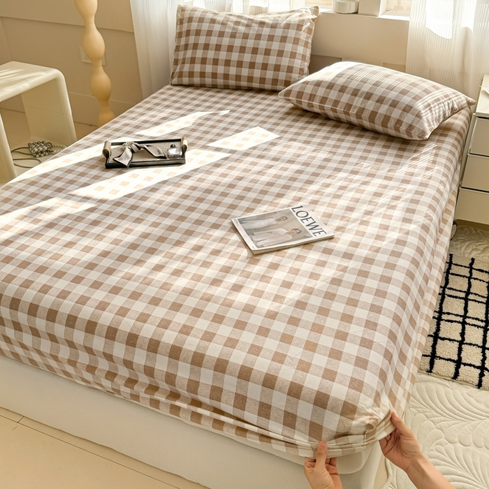 91家纺网 家纺一手货源 找家纺 丽美人家纺 2025新款全棉纯棉磨毛单床笠 床笠单件 浅咖中格