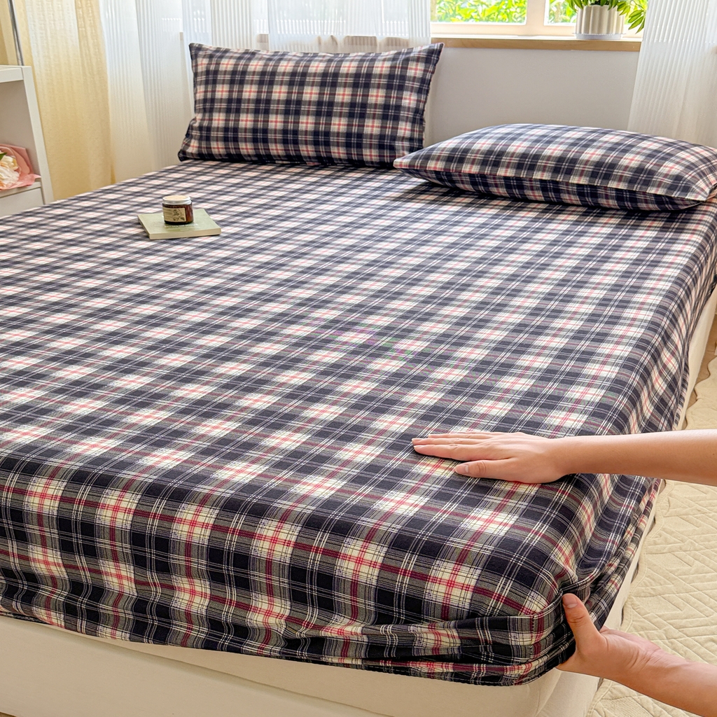 91家纺网 家纺一手货源 找家纺 丽美人家纺 2025新款全棉纯棉磨毛单床笠 床笠单件 黑纹格