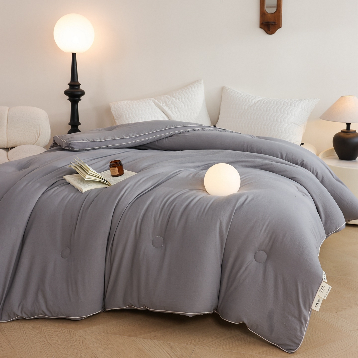 91家纺网 家纺一手货源 找家纺 益多眠 2025新款立体滚边大豆被 被子被芯 滚边立体--浅灰