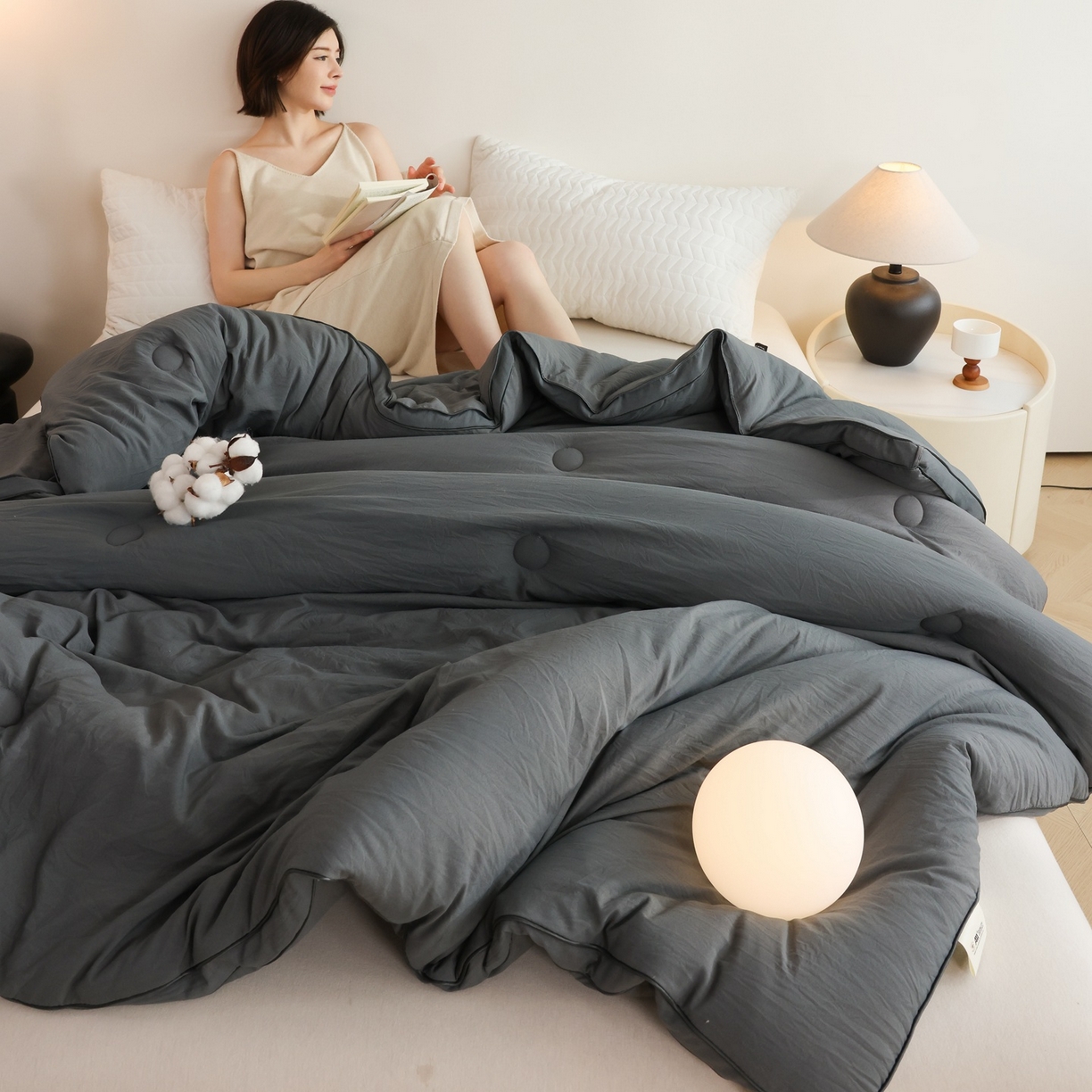 91家纺网 家纺一手货源 找家纺 益多眠 2025新款立体滚边大豆被 被子被芯 滚边立体--深灰
