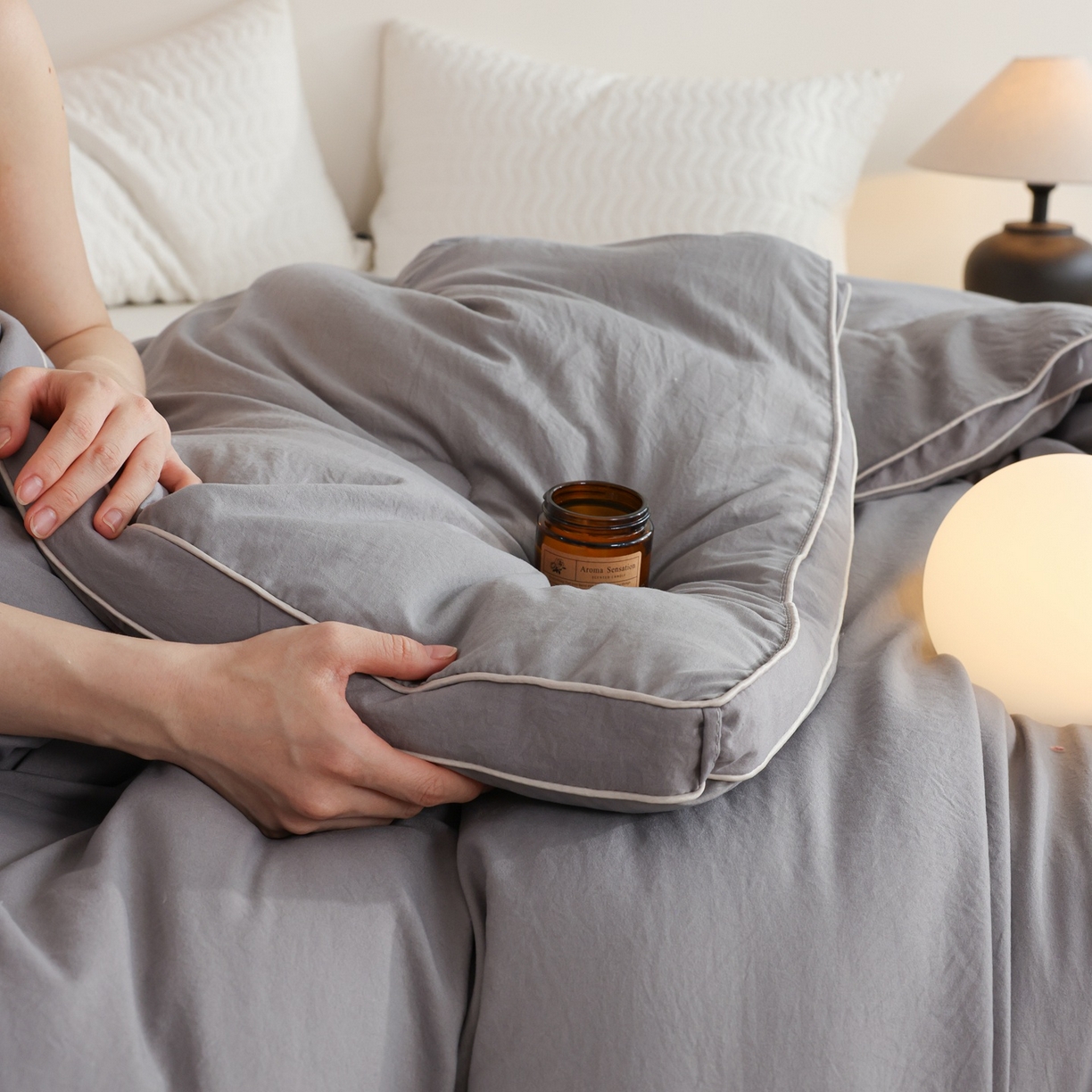 91家纺网 家纺一手货源 找家纺 益多眠 2025新款立体滚边大豆被 被子被芯 滚边立体--浅灰