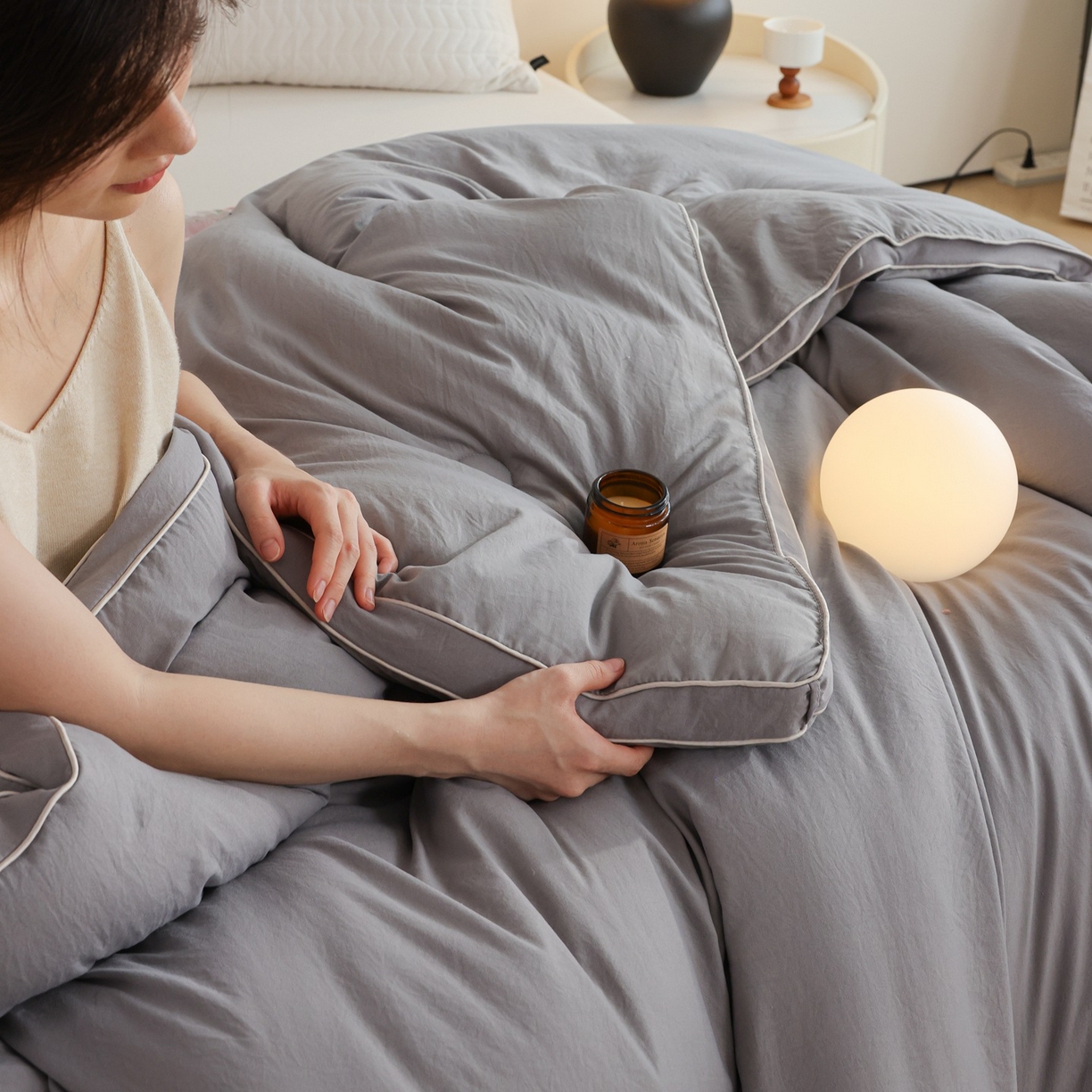 91家纺网 家纺一手货源 找家纺 益多眠 2025新款立体滚边大豆被 被子被芯 滚边立体--浅灰