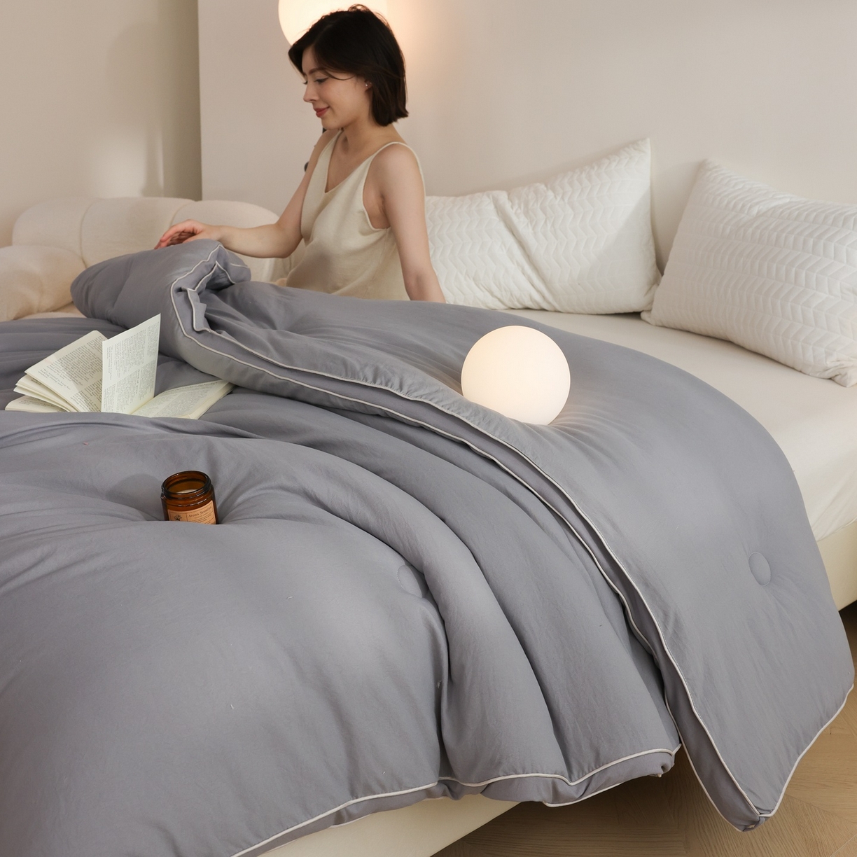 91家纺网 家纺一手货源 找家纺 益多眠 2025新款立体滚边大豆被 被子被芯 滚边立体--浅灰