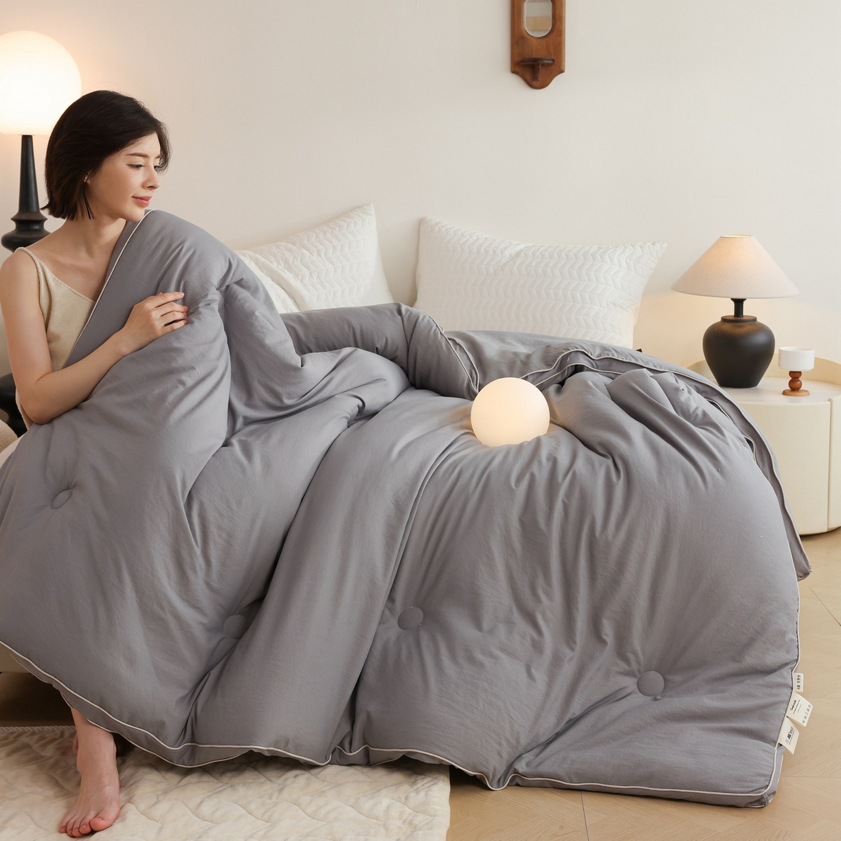 91家纺网 家纺一手货源 找家纺 益多眠 2025新款立体滚边大豆被 被子被芯 滚边立体--浅灰