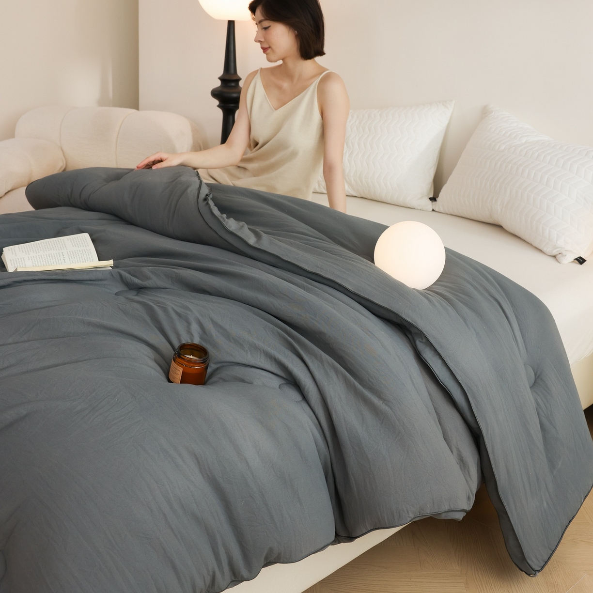 91家纺网 家纺一手货源 找家纺 益多眠 2025新款立体滚边大豆被 被子被芯 滚边立体--深灰