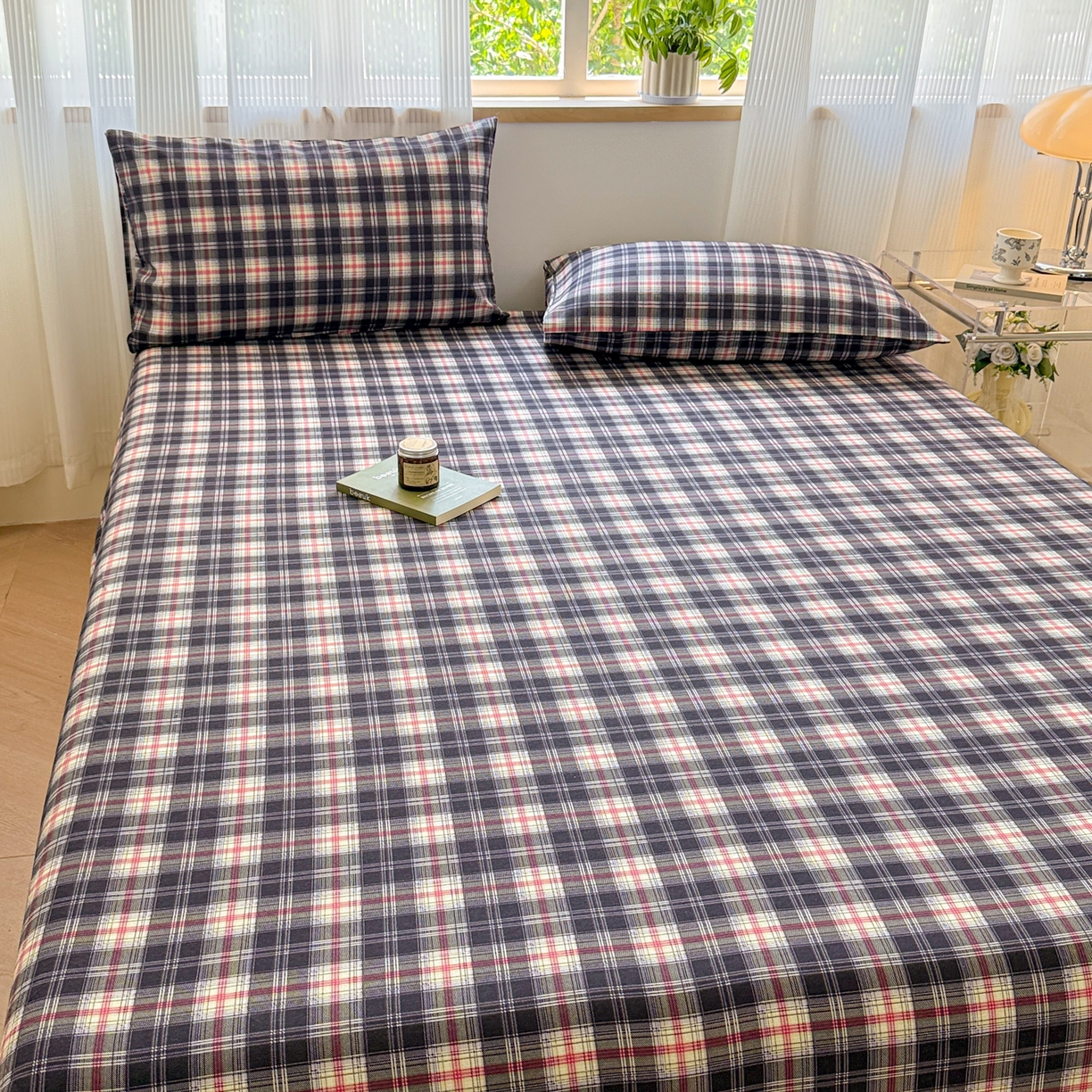 91家纺网 家纺一手货源 找家纺 丽美人家纺 2025新款全棉纯棉磨毛单床笠 床笠单件 黑纹格