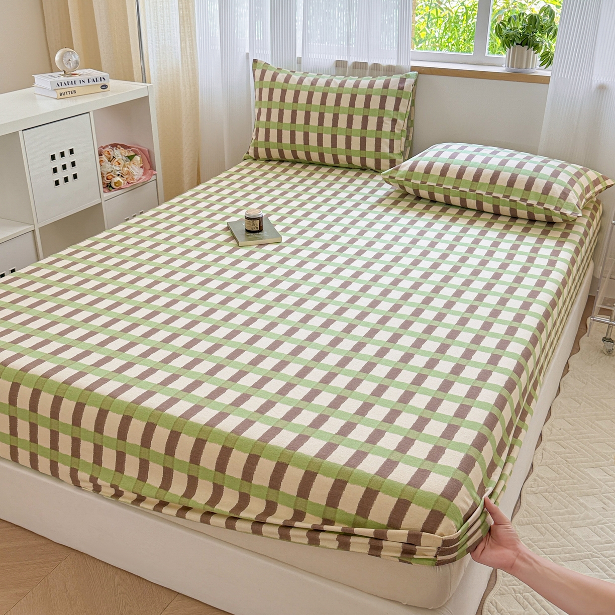 91家纺网 家纺一手货源 找家纺 丽美人家纺 2025新款全棉纯棉磨毛单床笠 床笠单件 方格绿