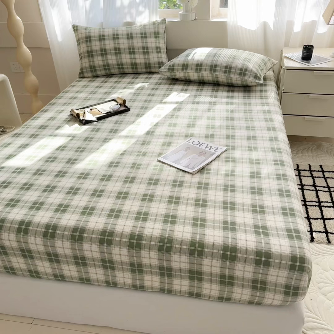 91家纺网 家纺一手货源 找家纺 丽美人家纺 2025新款全棉纯棉磨毛单床笠 床笠单件 旋律绿格