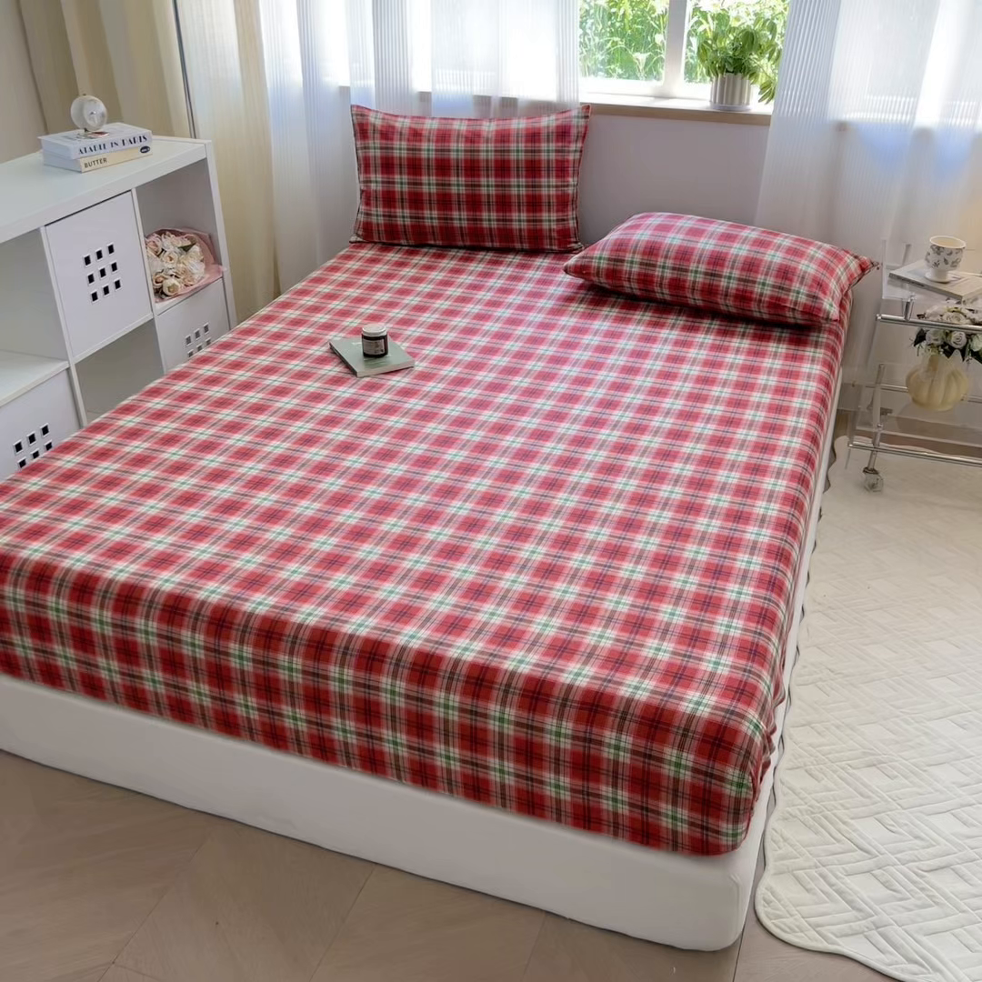 91家纺网 家纺一手货源 找家纺 丽美人家纺 2025新款全棉纯棉磨毛单床笠 床笠单件 红纹格