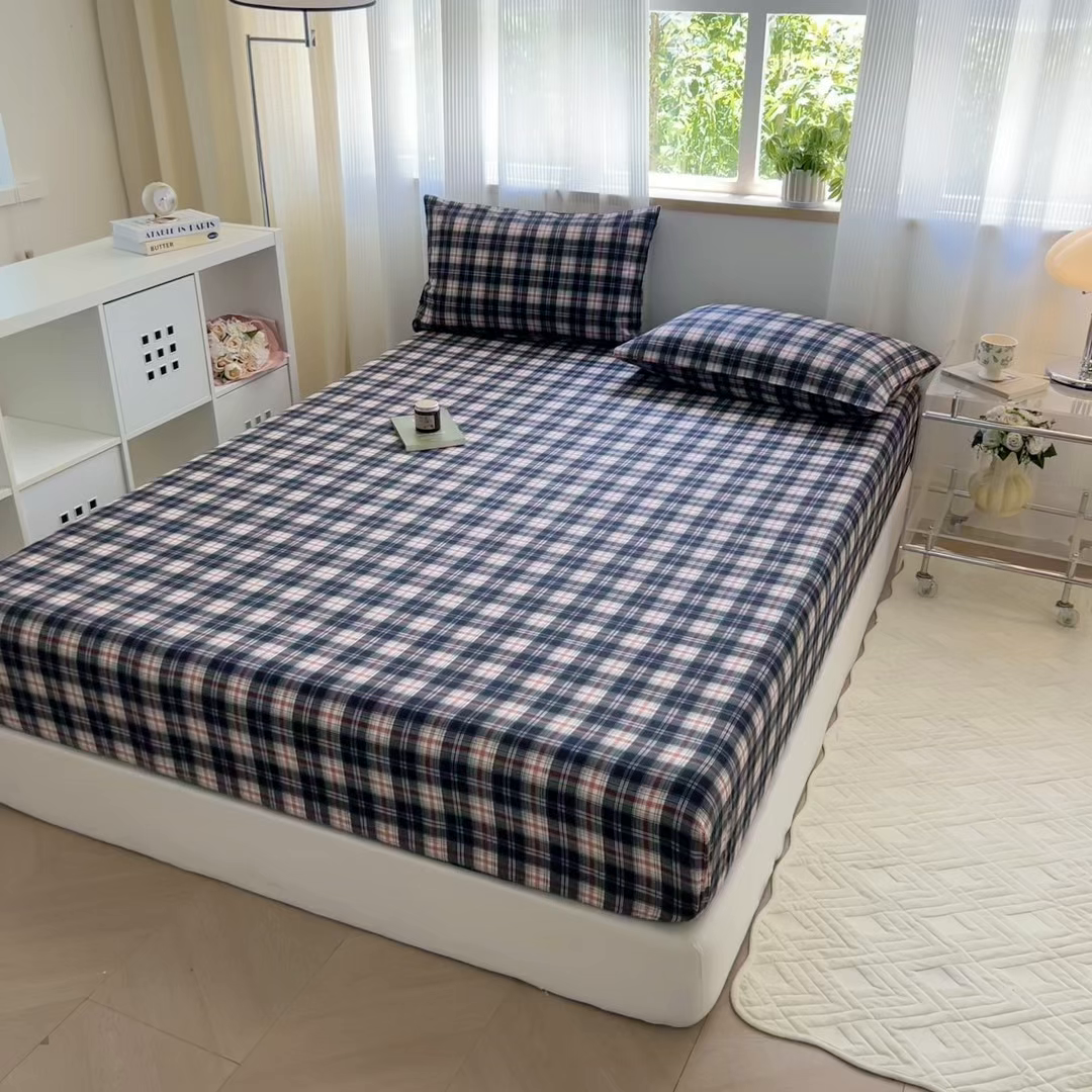 91家纺网 家纺一手货源 找家纺 丽美人家纺 2025新款全棉纯棉磨毛单床笠 床笠单件 黑纹格