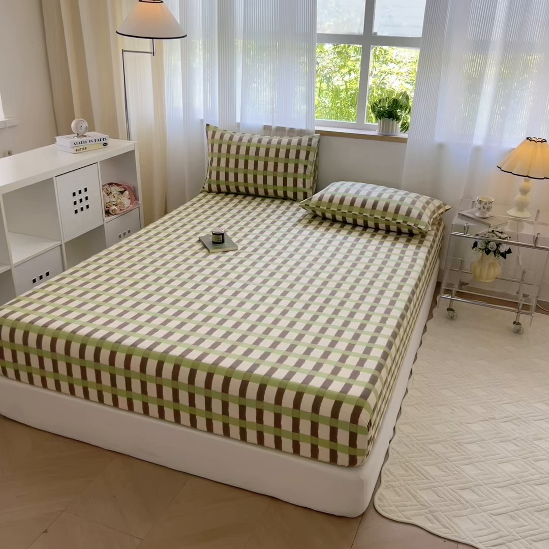 91家纺网 家纺一手货源 找家纺 丽美人家纺 2025新款全棉纯棉磨毛单床笠 床笠单件 方格绿