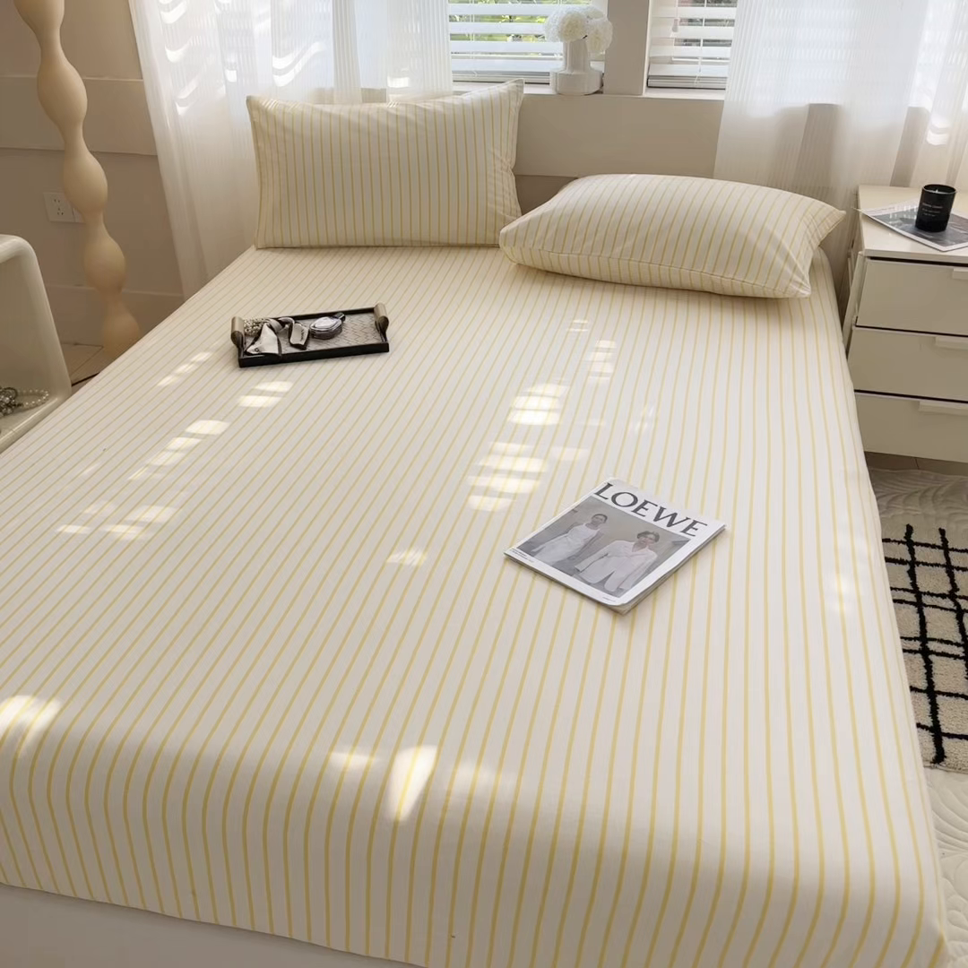 91家纺网 家纺一手货源 找家纺 丽美人家纺 2025新款全棉纯棉磨毛单床笠 床笠单件 简单黄条