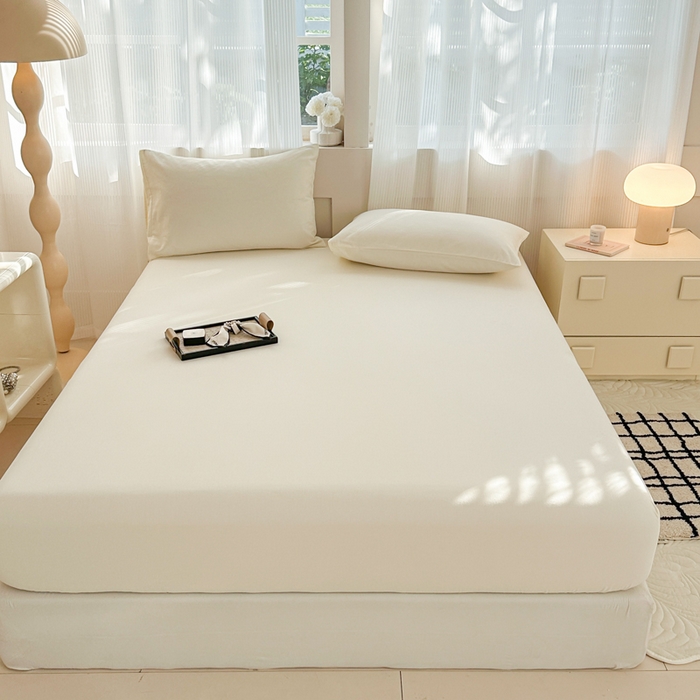 91家纺网 家纺一手货源 找家纺 丽美人家纺 2025新款全棉纯棉磨毛单床笠 床笠单件 奶昔白