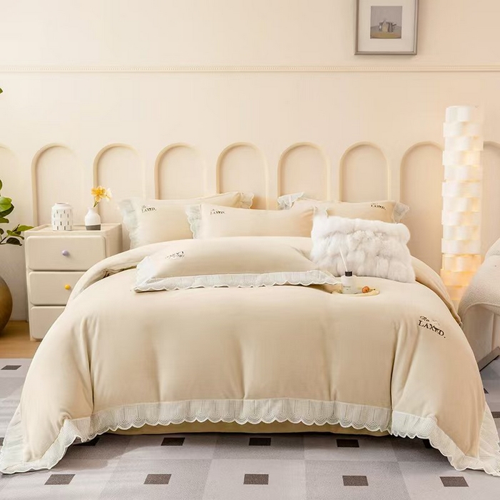 席之家 2025新款公主风蕾丝花边刺绣牛奶绒四件套 少女风-奶咖