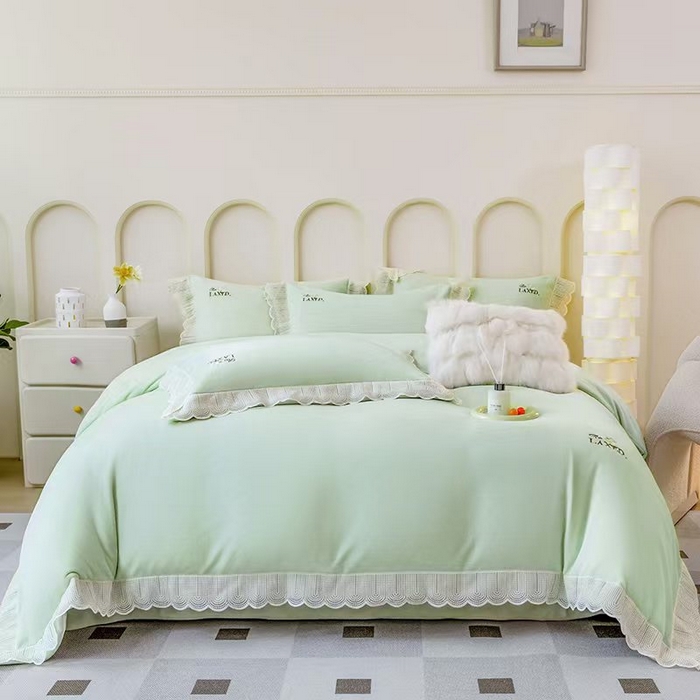 席之家 2025新款公主风蕾丝花边刺绣牛奶绒四件套 少女风-青柠绿