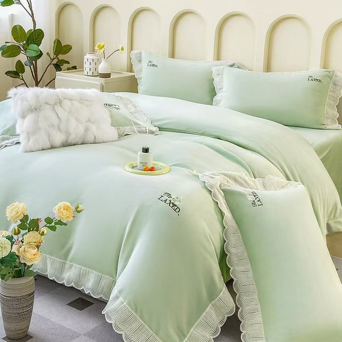 91家纺网 家纺一手货源 找家纺 席之家 2025新款公主风蕾丝花边刺绣牛奶绒四件套 少女风-青柠绿