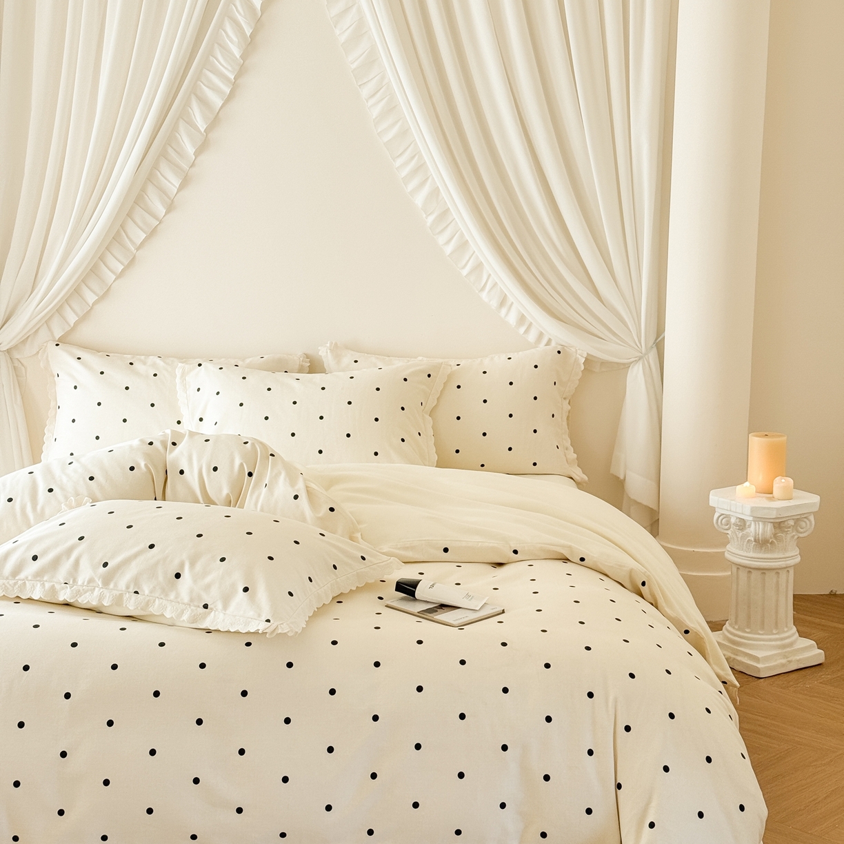 91家纺网 家纺一手货源 找家纺 于果 2025新款全棉纯棉生态磨毛花边款四件套 波点白