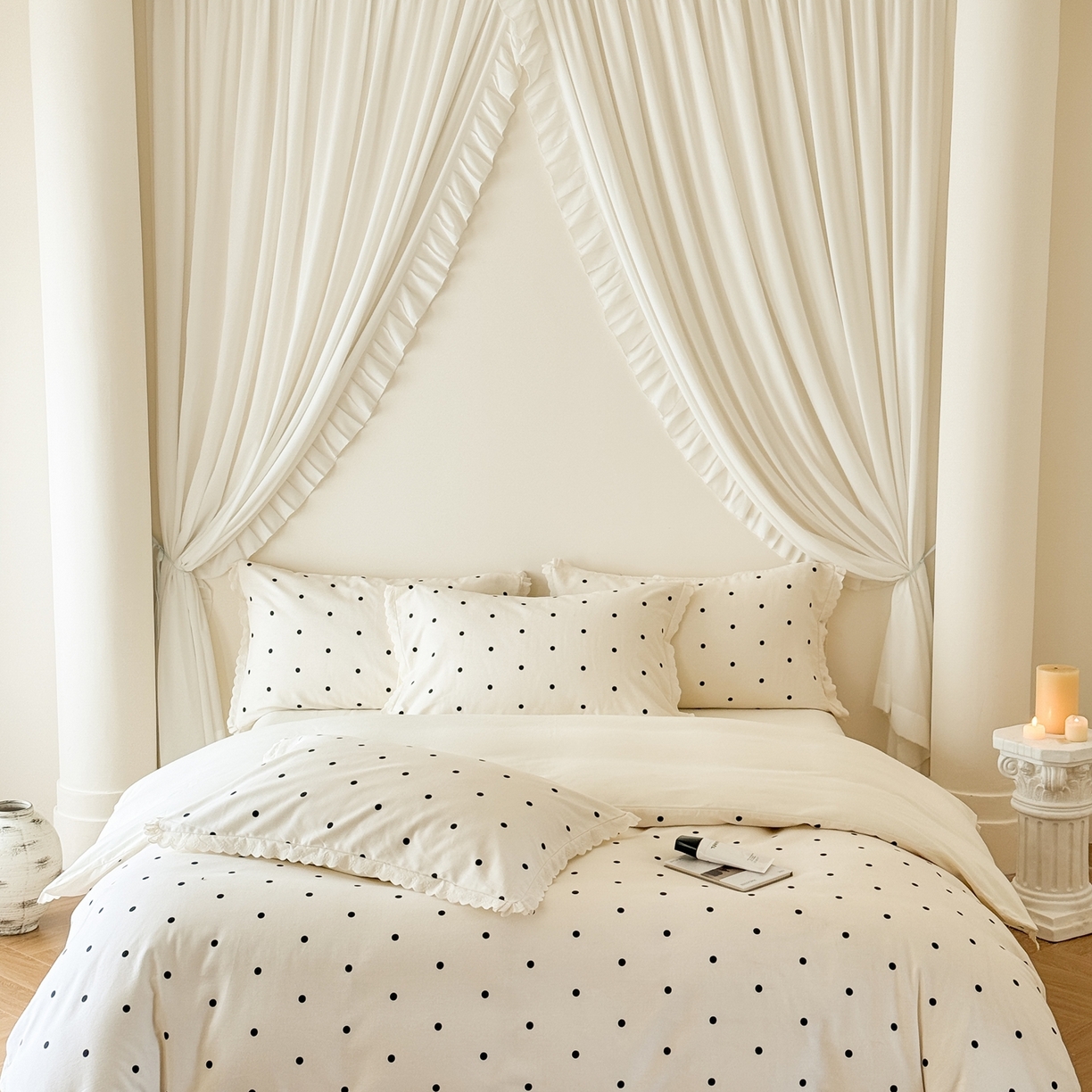 91家纺网 家纺一手货源 找家纺 于果 2025新款全棉纯棉生态磨毛花边款四件套 波点白