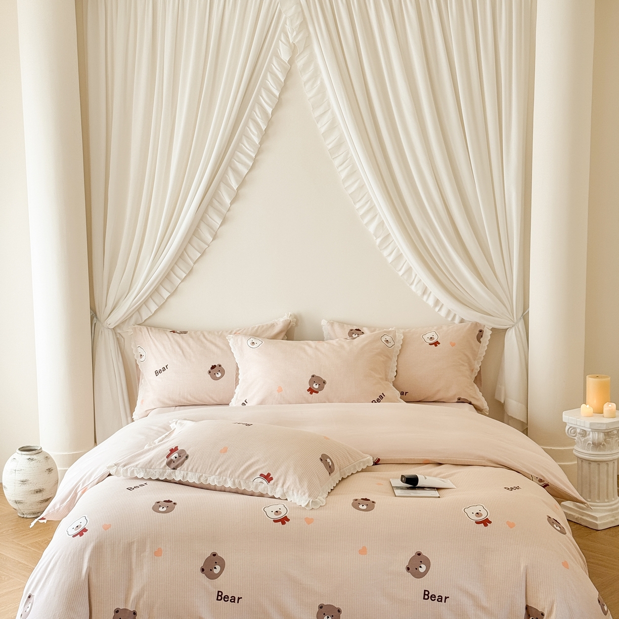 91家纺网 家纺一手货源 找家纺 于果 2025新款全棉纯棉生态磨毛花边款四件套 告白熊